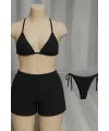 ieg™ Kadın 3lü Set Siyah Şortlu ve Yandan Bağlamalı Bikini Mayo Takımı