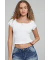 ieg™ Kadın Beyaz Göğsü ve Kolları Dantelli Fiyonklu Kısa Kol Crop Top Bluz