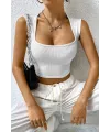 ieg™ Kadın Beyaz Kare Yaka Kalınlaşan Omuz Detaylı Crop Top Bluz