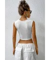 ieg™ Kadın Beyaz Kare Yaka Kalınlaşan Omuz Detaylı Crop Top Bluz
