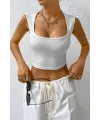 ieg™ Kadın Beyaz Kare Yaka Kalınlaşan Omuz Detaylı Crop Top Bluz