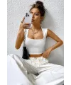 ieg™ Kadın Beyaz Kare Yaka Kalınlaşan Omuz Detaylı Crop Top Bluz