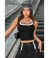 ieg™ Kadın Beyaz Siyah Çift Renk Çapraz Askılı Crop Top Bluz