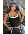ieg™ Kadın Beyaz Siyah Çift Renk Çapraz Askılı Crop Top Bluz