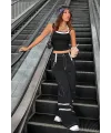 ieg™ Kadın Beyaz Siyah Çift Renk Çapraz Askılı Crop Top Bluz