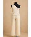 ieg™ Kadın Beyaz Tek Omuzlu Şık Bluz & Geniş Paça Pantolon İkili Takım