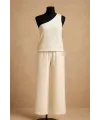 ieg™ Kadın Beyaz Tek Omuzlu Şık Bluz & Geniş Paça Pantolon İkili Takım