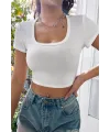 ieg™ Kadın Beyaz Yarım Kol Düz Yaka Crop Top Bluz