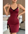 ieg™ Kadın Bordo Bacak Yırtmaçlı Siyah Dantelli ve Fiyonklu Şık Gecelik