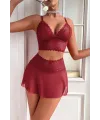 ieg™ Kadın Bordo Dantel ve Tül Detaylı Etekli Şık Gecelik Takımı