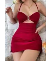 ieg™ Kadın Bordo Drapeli Dekolteli Taş Halka Detaylı Şık Mini Gecelik