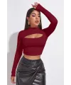 ieg™ Kadın Bordo Göğüs Dekolteli Uzun Kollu Cut Out Crop Top Bluz