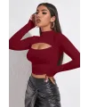 ieg™ Kadın Bordo Göğüs Dekolteli Uzun Kollu Cut Out Crop Top Bluz