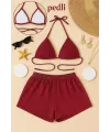 ieg™ Kadın Bordo Şortlu Belden ve Boyundan Bağlamalı Bikini Takımı