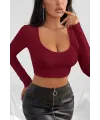 ieg™ Kadın Bordo Uzun Kol Kare Yaka Crop Top Bluz