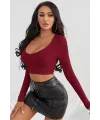 ieg™ Kadın Bordo Uzun Kol Kare Yaka Crop Top Bluz