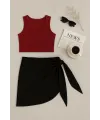 ieg™ Kadın Bordo Yuvarlak Yaka Crop ve Siyah Pareo 2li Set