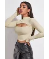 ieg™ Kadın Ekru Göğüs Dekolteli Uzun Kollu Cut Out Crop Top Bluz