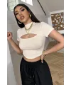 ieg™ Kadın Ekru Göğüs Dekolteli Yarım Kollu Cut Out Crop Top Bluz