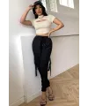 ieg™ Kadın Ekru Göğüs Dekolteli Yarım Kollu Cut Out Crop Top Bluz