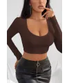 ieg™ Kadın Kahverengi Uzun Kol Kare Yaka Crop Top Bluz