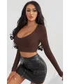 ieg™ Kadın Kahverengi Uzun Kol Kare Yaka Crop Top Bluz