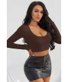 ieg™ Kadın Kahverengi Uzun Kol Kare Yaka Crop Top Bluz