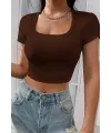 ieg™ Kadın Kahverengi Yarım Kol Düz Yaka Crop Top Bluz