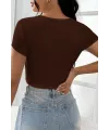 ieg™ Kadın Kahverengi Yarım Kol Düz Yaka Crop Top Bluz