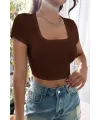 ieg™ Kadın Kahverengi Yarım Kol Düz Yaka Crop Top Bluz