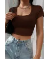 ieg™ Kadın Kahverengi Yarım Kol Düz Yaka Crop Top Bluz