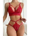 ieg™ Kadın Kırmızı Cut-Out Büstiyerli Beli Çapraz Lastikli Külotlu Çamaşır Takımı