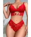 ieg™ Kadın Kırmızı Kalp Tokalı Çapraz Lastik Detaylı Dantel İç Çamaşır Takımı