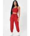ieg™ Kadın Kırmızı Kaşkorse Cepli Jogger Eşofman Altı ve Crop Top Bluz