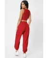 ieg™ Kadın Kırmızı Kaşkorse Cepli Jogger Eşofman Altı ve Crop Top Bluz