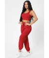 ieg™ Kadın Kırmızı Kaşkorse Cepli Jogger Eşofman Altı ve Crop Top Bluz