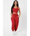 ieg™ Kadın Kırmızı Kaşkorse Cepli Jogger Eşofman Altı ve Crop Top Bluz