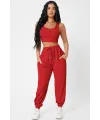 ieg™ Kadın Kırmızı Kaşkorse Cepli Jogger Eşofman Altı ve Crop Top Bluz