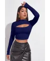 ieg™ Kadın Lacivert Göğüs Dekolteli Uzun Kollu Cut Out Crop Top Bluz