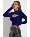 ieg™ Kadın Lacivert Göğüs Dekolteli Uzun Kollu Cut Out Crop Top Bluz