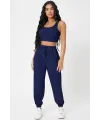 ieg™ Kadın Lacivert Kaşkorse Cepli Jogger Eşofman Altı ve Crop Top Bluz