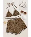 ieg™ Kadın Leopar Desenli Şortlu Belden ve Boyundan Bağlamalı Bikini Takımı