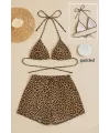 ieg™ Kadın Leopar Desenli Şortlu Belden ve Boyundan Bağlamalı Bikini Takımı