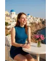 ieg™ Kadın Mavi Kolsuz Balıkçı Yaka Basic Bluz