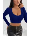 ieg™ Kadın Mavi Uzun Kol Kare Yaka Crop Top Bluz