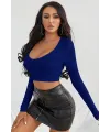 ieg™ Kadın Mavi Uzun Kol Kare Yaka Crop Top Bluz