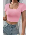 ieg™ Kadın Pembe Yarım Kol Düz Yaka Crop Top Bluz