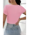 ieg™ Kadın Pembe Yarım Kol Düz Yaka Crop Top Bluz
