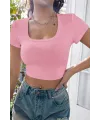 ieg™ Kadın Pembe Yarım Kol Düz Yaka Crop Top Bluz