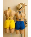 ieg™ Kadın Sarı ve Mavi Şortlu Belden ve Boyundan Bağlamalı Bikini Takımı